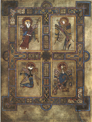 A page from the Book of Kells showing the four Evangelists represented as the living creatures.