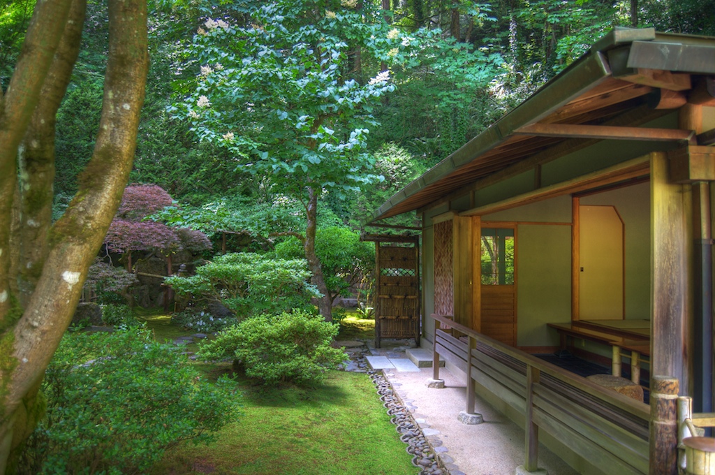 Portland Japanese Garden tea house in HDR